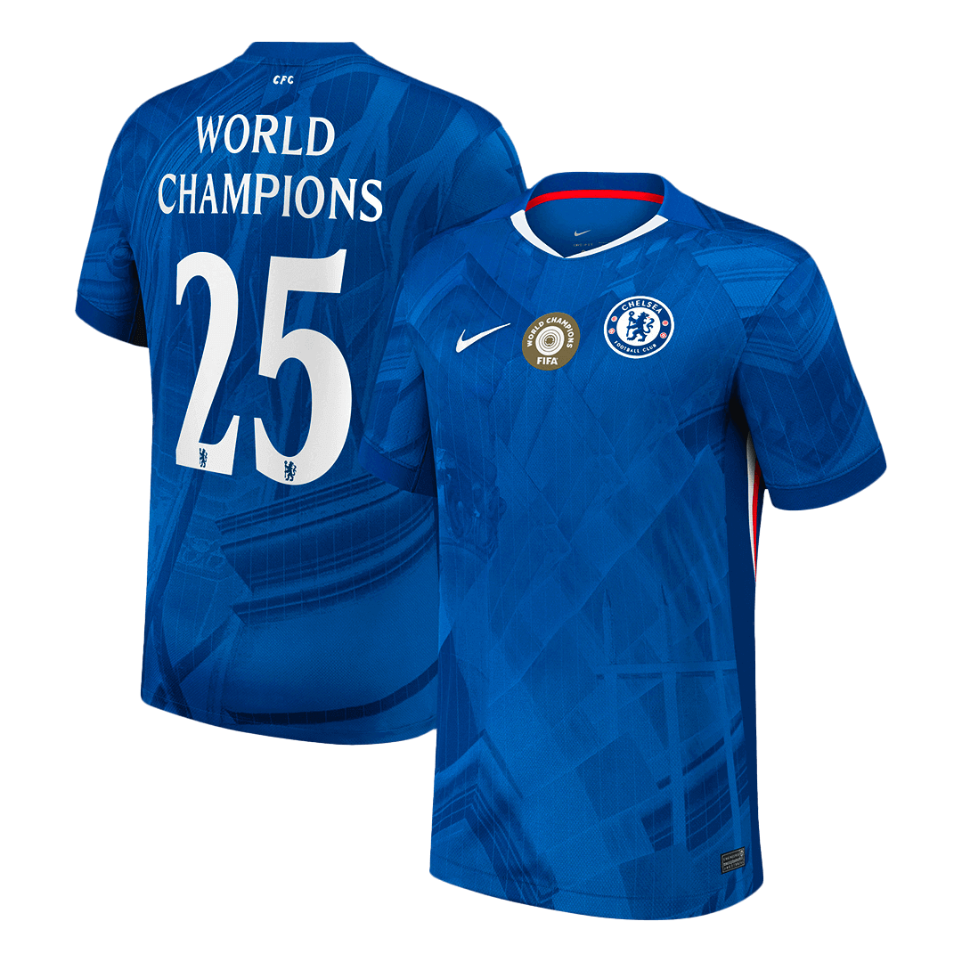 Pánský domácí fotbalový dres Chelsea WORLD CHAMPIONS #25 2025/26 s odznakem na hrudi