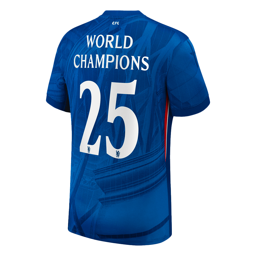 Pánský domácí fotbalový dres Chelsea WORLD CHAMPIONS #25 2025/26 s odznakem na hrudi